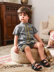 Cozy Pixies 2pcs/Set Baby Boys Contrast Color Banded Collar Short Sleeve Cardigan And Elastic Waist Shorts Set, Suitable For Summer