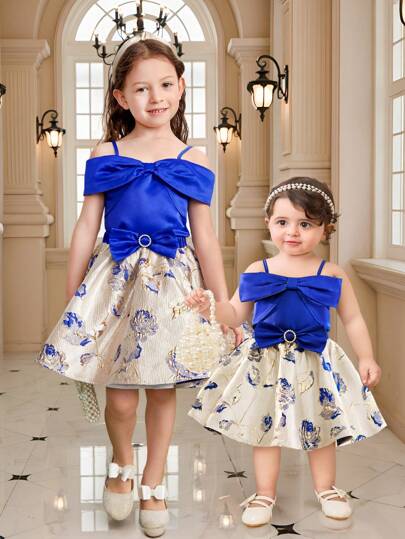 SHEIN Leap Crew 女婴可爱华丽蓝色蝴蝶结吊带上衣和花卉图案裙子 2 件套