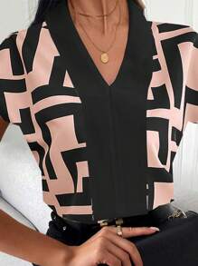 SHEIN Clasi Women's V-Neck Minimalist Geometric Print Casual Blouse,Going Out Tops - Multicolor - View 1