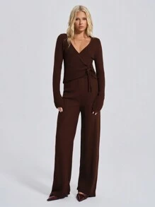 RueChic Women's Brown Ribbed Knit Long-Sleeve V-Neck Top And High-Waisted Pants Set With Front Drawstring Tie Detail - Brown - View 7