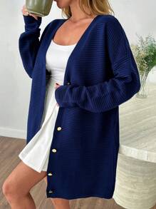 SHEIN Cottnline Navy Ribbed Button-Up Cardigan – Elegant And Timeless Layering Piece - Navy Blue - View 1