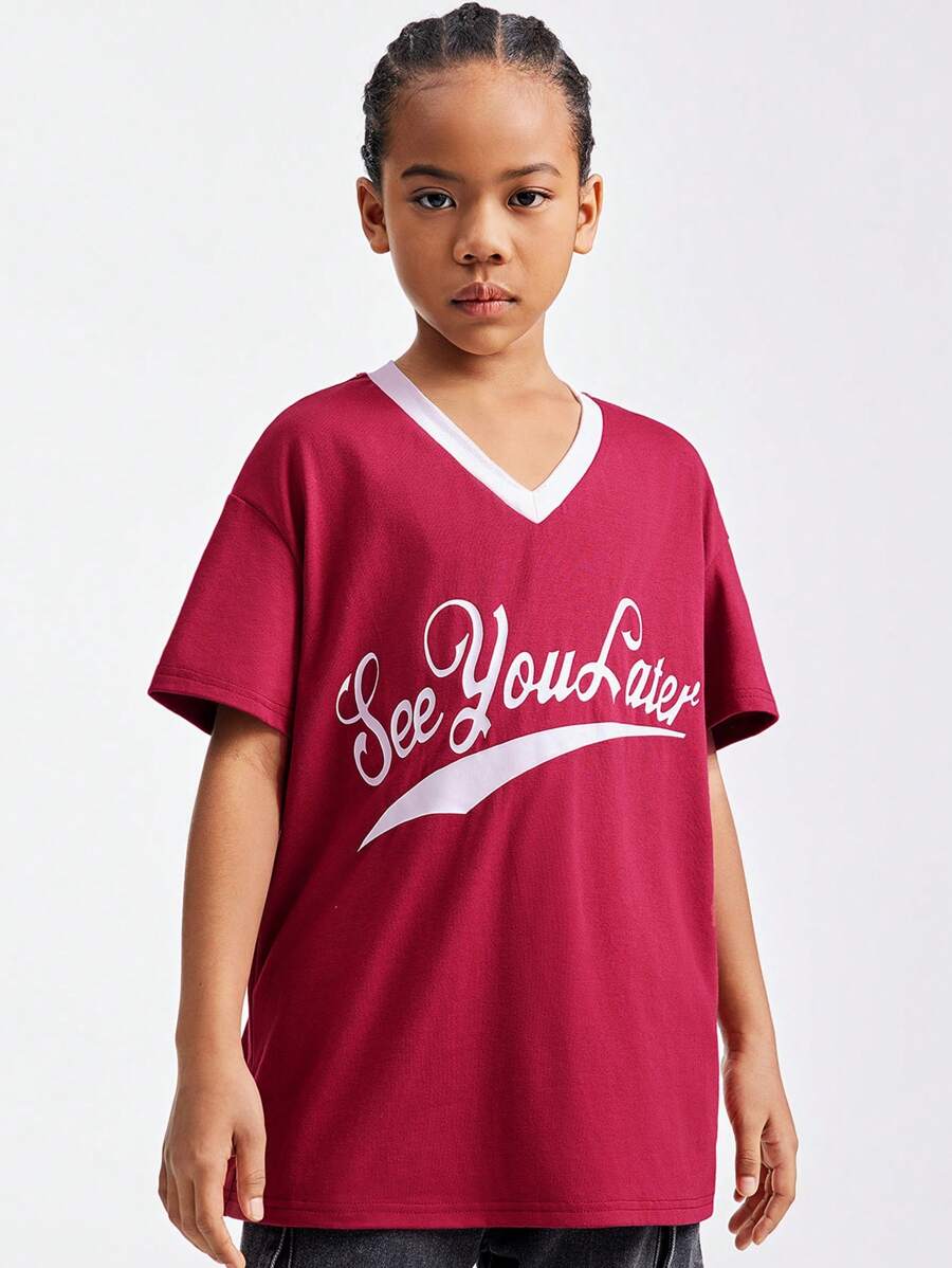 SHEIN Tween Girls Spring/Summer Casual V-Neck Short Sleeve T-Shirt With Letter Print And Color Block - Burgundy - View 1