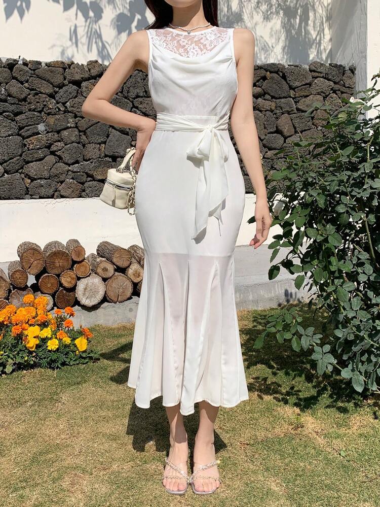 Women's Summer New Delicate Lace Sleeveless White Dress, Fitted Waist Mermaid Hem Long Dress Elegant Sundress,Dress For Wedding Maxi Dress