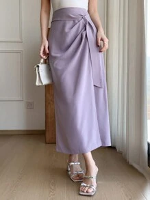 DAZY Fustă elegantă pentru femei, primăvară/vară, cu talie înaltă, cu crăpături în față și răsucire - Violet - Vizualizare 6
