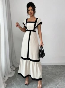 SHEIN Unity 女士优雅休闲黑色和米色条纹荷叶边袖连衣裙，度假风格 - 黑與白 - 查看 3