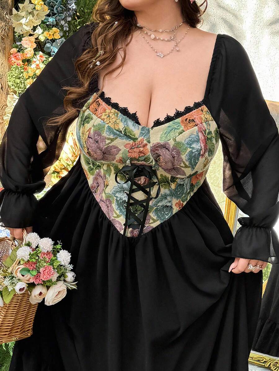 Lyrianda Plus Size Women Fashion Palace Style Puff Sleeve Floral Jacquard Patchwork Dress - Multicolor - View 1