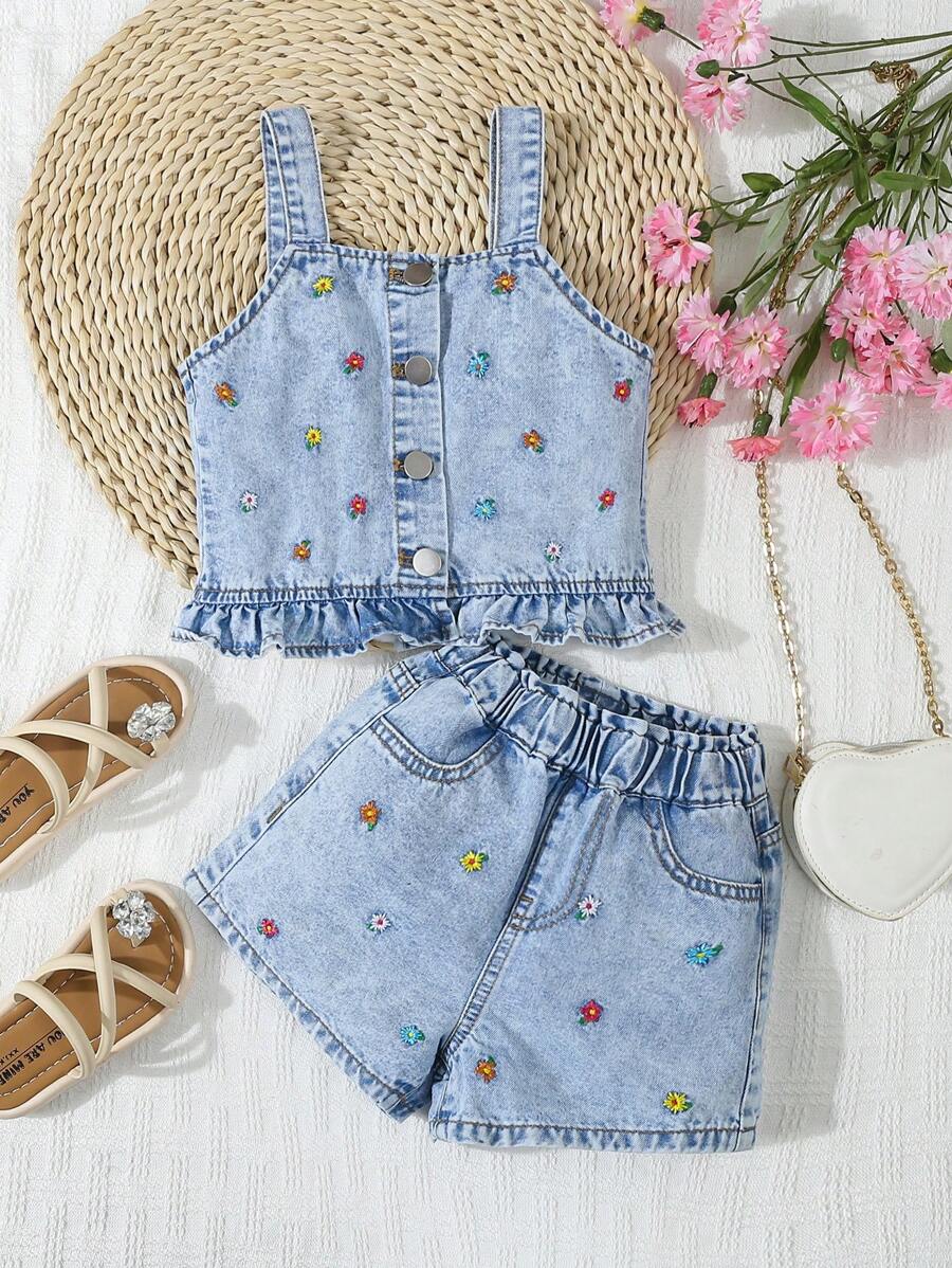 SHEIN 2pcs/Set Young Girl Fashionable Denim Camisole And Denim Shorts Summer Set - Medium Wash - View 1