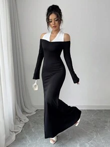 Elenzga Women's Elegant Commuter Style Cold Shoulder Color Block Ruched Waist Bodycon Maxi Dress