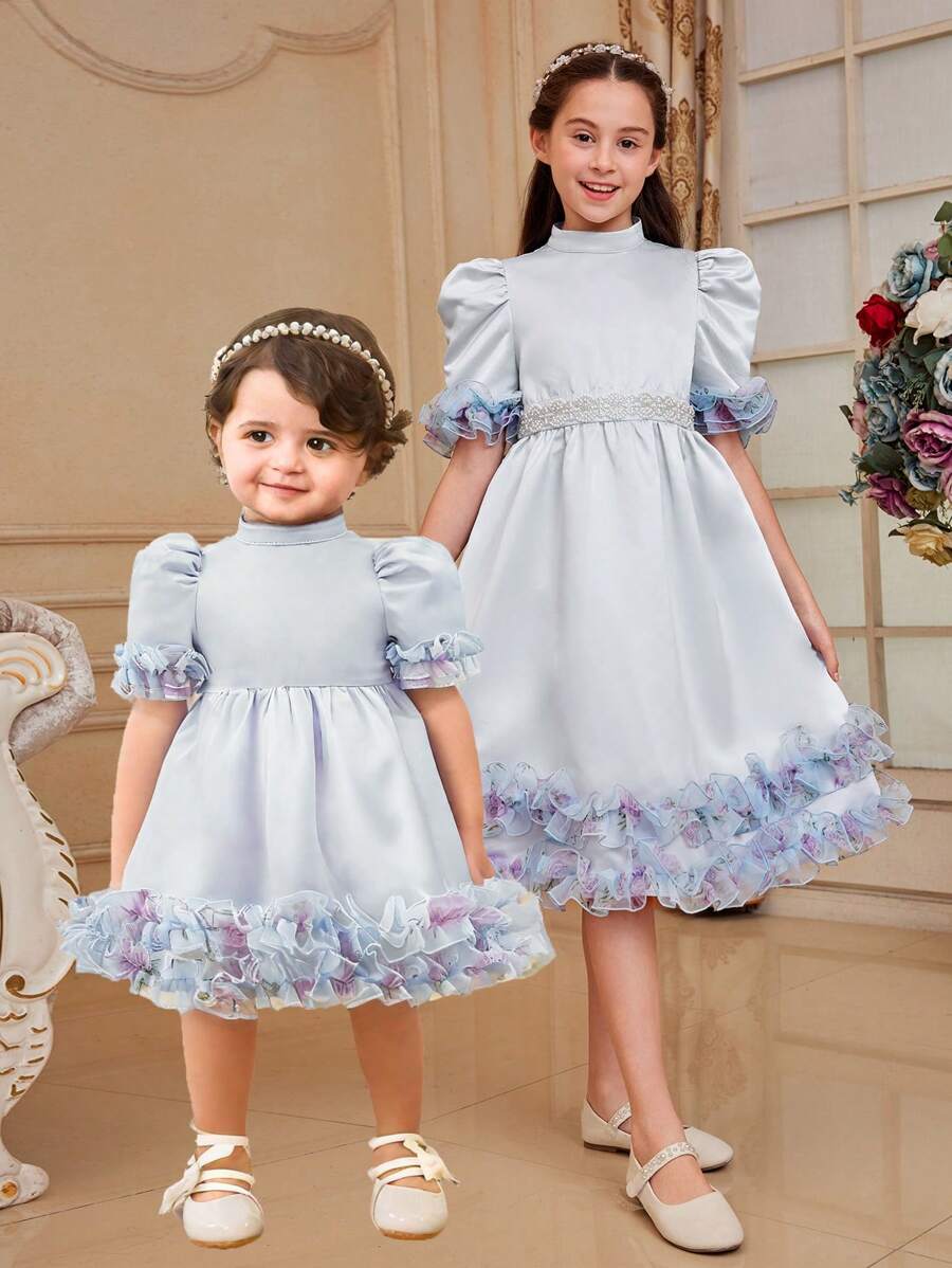 SHEIN Summer Elegant Cute Blue Satin Baby Girl Dress, Flower Girl Dress - Blue - View 1