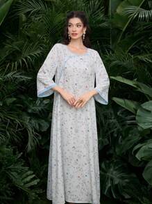 Al Najma Gaun Panjang Maxi Gaya Arab Elegan Motif Bunga Kecil untuk Wanita - Baby Blue - View 6