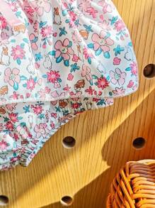 SHEIN Conjunto de Roupa Casual e Diária para Recém-nascido, Regata com Bordado de Coelhinho Fofo e Shorts com Estampa Floral Miúda, Tecido de Malha Macio, Adequado para Primavera/Verão, Férias, Atividades ao Ar Livre, Uso Casual em Casa, Ótimo para Uso Diário e Sessão de Fotos de Recém-nascidos - Rosa chiclete - Visão 7