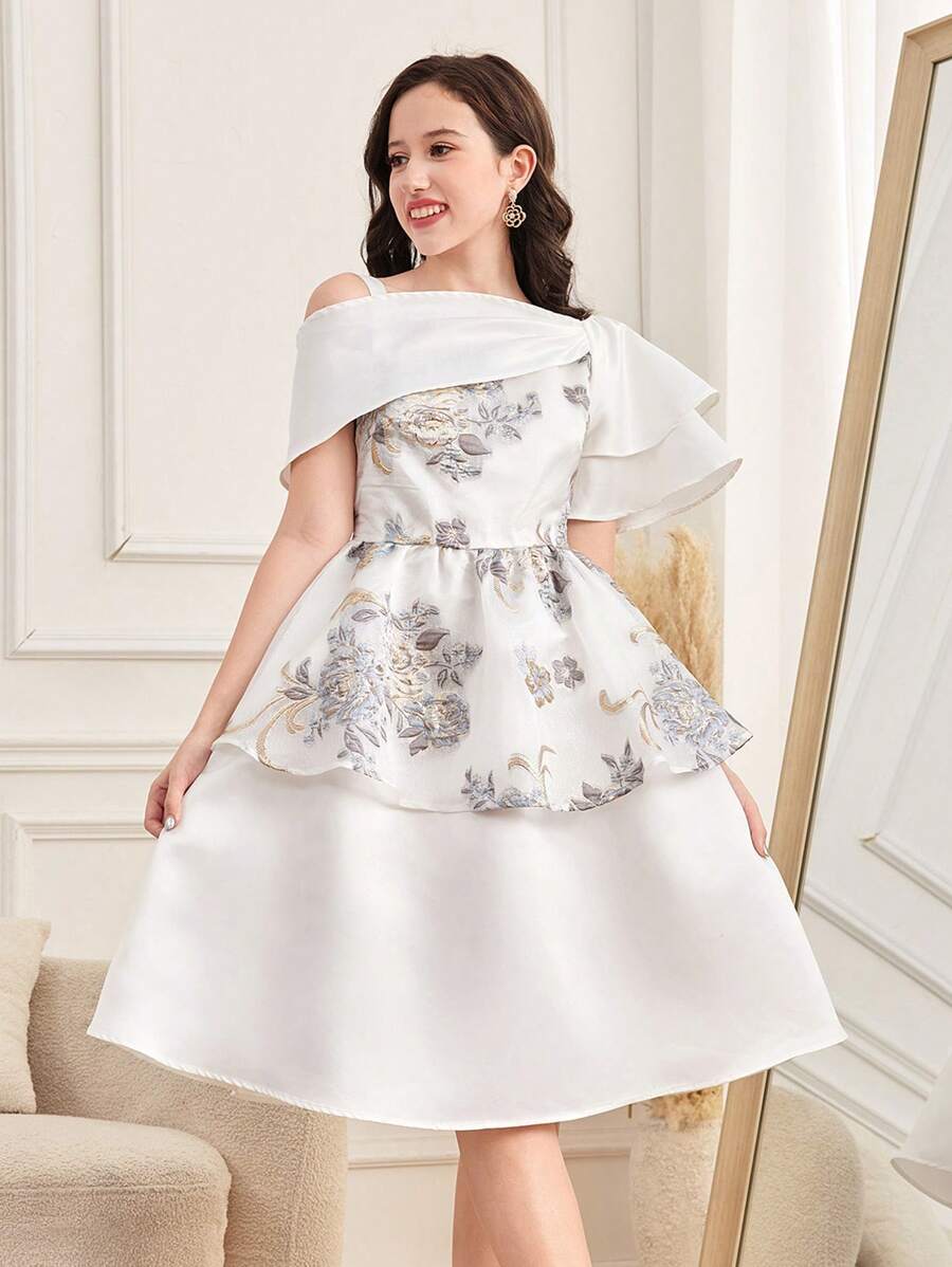 SHEIN Teen Girl White Gorgeous Asymmetric Collar Decor Satin Dress, Court Party Dress - White - View 1