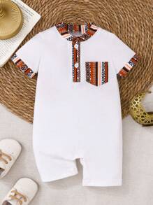 Baby Boy White Floral Print Romper,Summer Casual Family Matching Party Outfit,Short Sleeve Button Neckline Jumpsuit For 3-6 Years Old Vacation Play - Multicolor - View 3