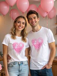 Manfinity Homme Men's INS Versatile Red Heart Design Short Sleeve Button-Up Shirt,White And Pink,Summer,Casual,Dates,Valentine's Day Couple Matching,New Year Gift - White - View 3