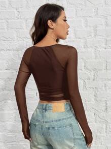 SHEIN EZwear Camiseta ajustada para mujer con cuello cuadrado de malla marrón - Marrón Chocolate - Ver 2