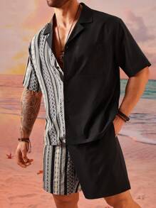 EASEVO Plus Size Men Street Style Loose Woven Vertical Stripe Short Sleeve Shirt And Shorts Set
