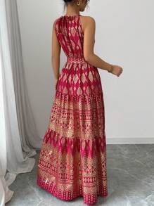 Breezaya 女式锡箔几何印花长款挂脖连衣裙