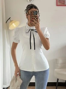 Rafferiza Ruffle Elastic Cuff Bowknot Blouse