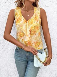 SHEIN Clasi V-Neck Sleeveless Shirt For Women With Ruffle Trim, Casual Daily Wear,Summer Outfits For Women