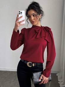 Gloray Women's Solid Color Elegant Versatile Tie Collar Puff Sleeve Blouse - Red - View 1