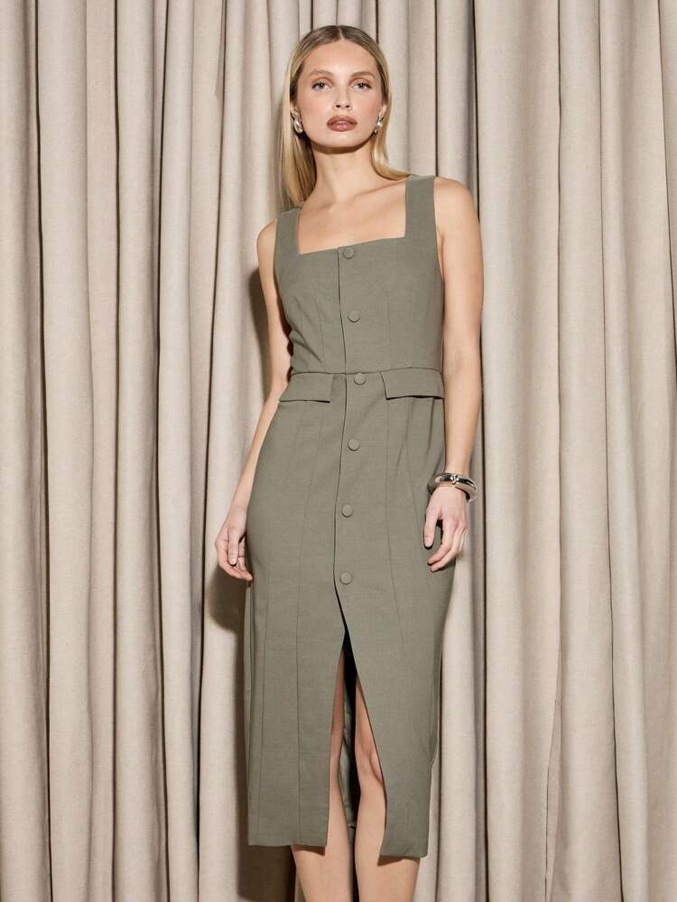 Sophisticated Square Neck Button-Front Midi Dress With Belt Detail
