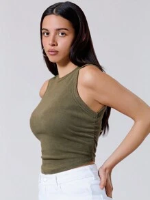 SHEIN x Marika Sila SHEIN EZwear 夏季复古装纯色褶皱背心 - 軍綠色 - 查看 6