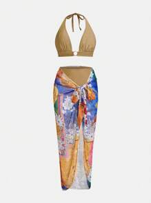 Swim Oasis Women's Gold Triangle Ring High Waist Floral Chain Beach Cover-Up Swimwear Cover Up Set, Suitable For Holiday, Beach, Party Summer - Multicolor - View 10