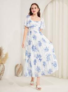 SHEIN 少女复古蓝白花卉印花荷叶边袖 A 字长裙，松紧腰优雅度假裙，适合情人节、度假风格、假日休闲、女童连衣裙、夏季/女童夏季服装/夏季服装、公主女童连衣裙 - 淺藍色 - 查看 5