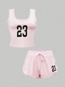 ROMWE Street Life 运动青少年蕾丝拼布数字印花背心和短裤休闲夏季粉色睡衣套装
