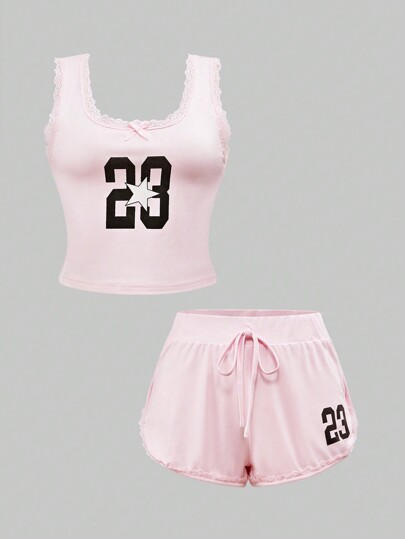 Street Life Sports Teen Lace Patchwork Numeral Print Vest & Shorts Casual Summer Pink Pajama Set