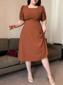 Dazy Plus 大码女式方领束腰中长连衣裙，春夏太阳裙