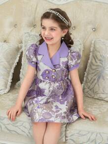 Purple Jacquard Girls Vintage Garden Elegant Ruched Collar Puff Sleeve A-Line Dress, Suitable For Summer Party & Wedding, Young Girl Formal Dress - Purple - View 5