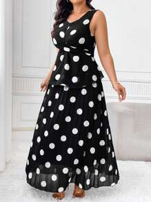 SHEIN Clasi Große Größen Sommer 2-teiliges Set, Allover Zufallsdruck Träger Top und plissierter Rock Set, elegant - Schwarz und Weiss - Übersicht 4