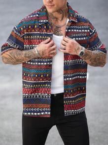 Manfinity Homme 男士短袖数码几何图案单排扣休闲衬衫 - 彩色 - 查看 5