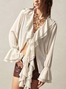 Bohemela BOHO Tropical Vacation Boho Woman Clothes Long Sleeve Loose Fit Solid Color Ruffle Trim Ladies Blouse - White - View 2