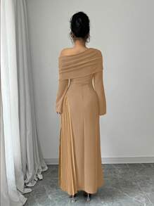 Elenzga 女士优雅时尚通勤迷人派对斜肩不对称下摆褶皱纯色长裙