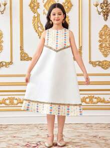 SHEIN Tween Girls Loose Elegant Ruffled Trim Crew Neck Dress With Overlay 2pcs Set - White - View 3