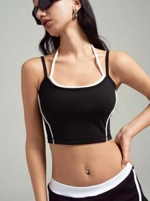 LYSMO Mujer Top deportivo informal recortado con detalles de bloqueo de color - Negro - Ver 1