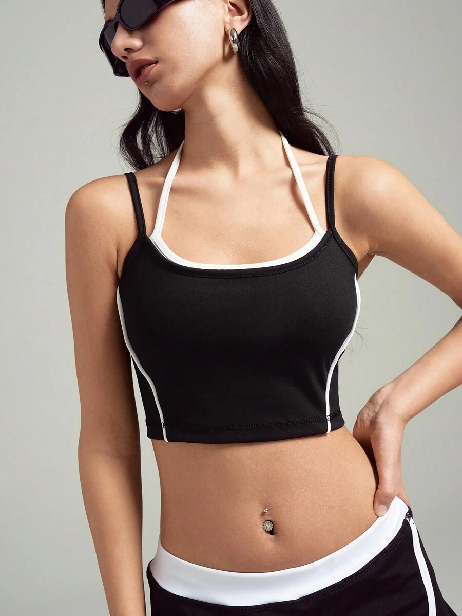 LYSMO Mujer Top deportivo informal recortado con detalles de bloqueo de color - Negro - Ver 1