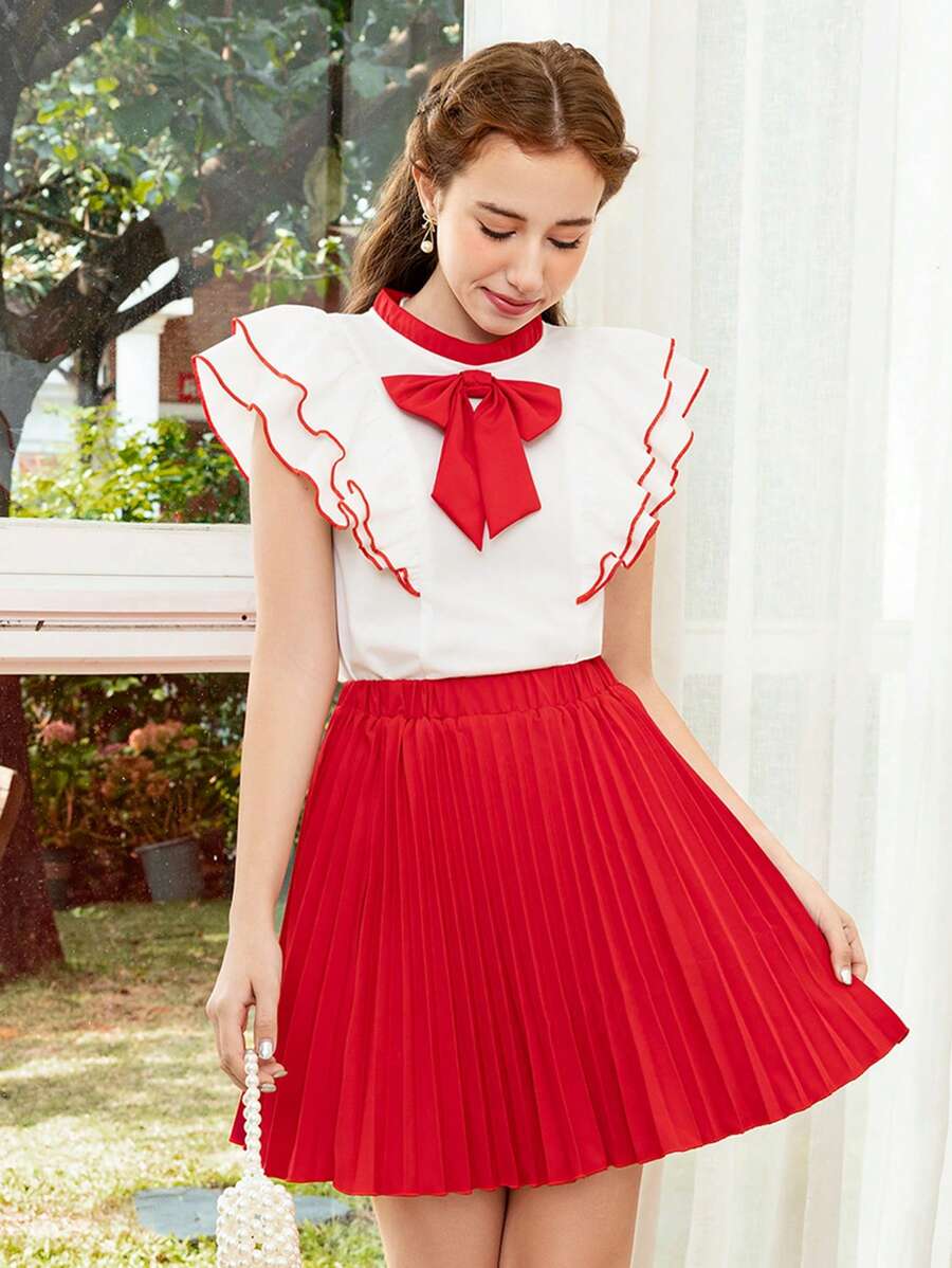 SHEIN 情人节少女红色蝴蝶袖褶皱 A 字裙