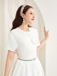 SHEIN Adolescente Fete Alb Culoare uni Elegant Zilnic Ocazional Vacanță 3D Decor cu flori Tricou cu mânecă scurtă cu gât turnu, Tricou pentru petrecere a timpului liber - alb - Vizualizare 6