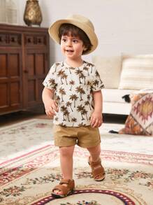 Cozy Pixies Set de 2 piezas de Top de manga corta de cuello redondo suave y pantalones cortos de cintura elástica con estampado de palmeras para bebé niño