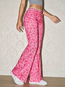 SHEIN EZwear 女士蝴蝶结点缀心形印花喇叭裤 - 粉色 - 查看 4