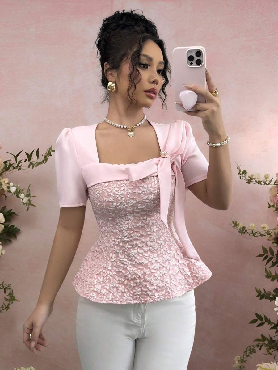 Chiquease Women's Fashion Jacquard Bowknot Collared Slim Fit Blouse