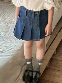 Dazy Kids 年轻女孩休闲简约褶皱牛仔裙短裤，女孩夏季服装 - 藍色 - 查看 6