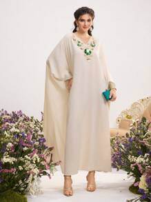 Al Najma Women's Apricot V-Neck Three-Dimensional Beaded Edge Turkish Bat Sleeve Stitching Kaftan & Arabian Traditional Long Dress Spring Valentine's Day, Kaftan & Jalabiya,Modest - Apricot - View 5