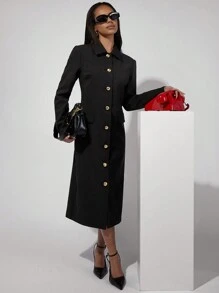 COSMINA Modest Women's Solid Color Front Button Long Sleeve Pocket Minimalist Long Dress - Black - View 3