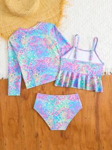 3pcs/Set Young Girl's Neon Leopard Print Print Swimwear Set Summer Holiday