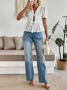 Chiquease Women's Tie Front Embroidered Puff Sleeve Blouse