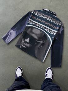 Manfinity EMRG 男士字母和图案印花长袖前拉链夹克，男朋友礼物 - 彩色 - 查看 2